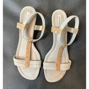 Womens Beige T-Strap Round Toe Wedge Slip On Low Heel Sandal 8.5 Croft & Barrow